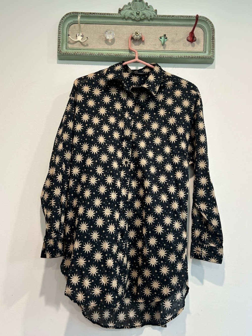 Stradivarius celestial Black semi sheer Button-Up tunic Starburst Print top Med